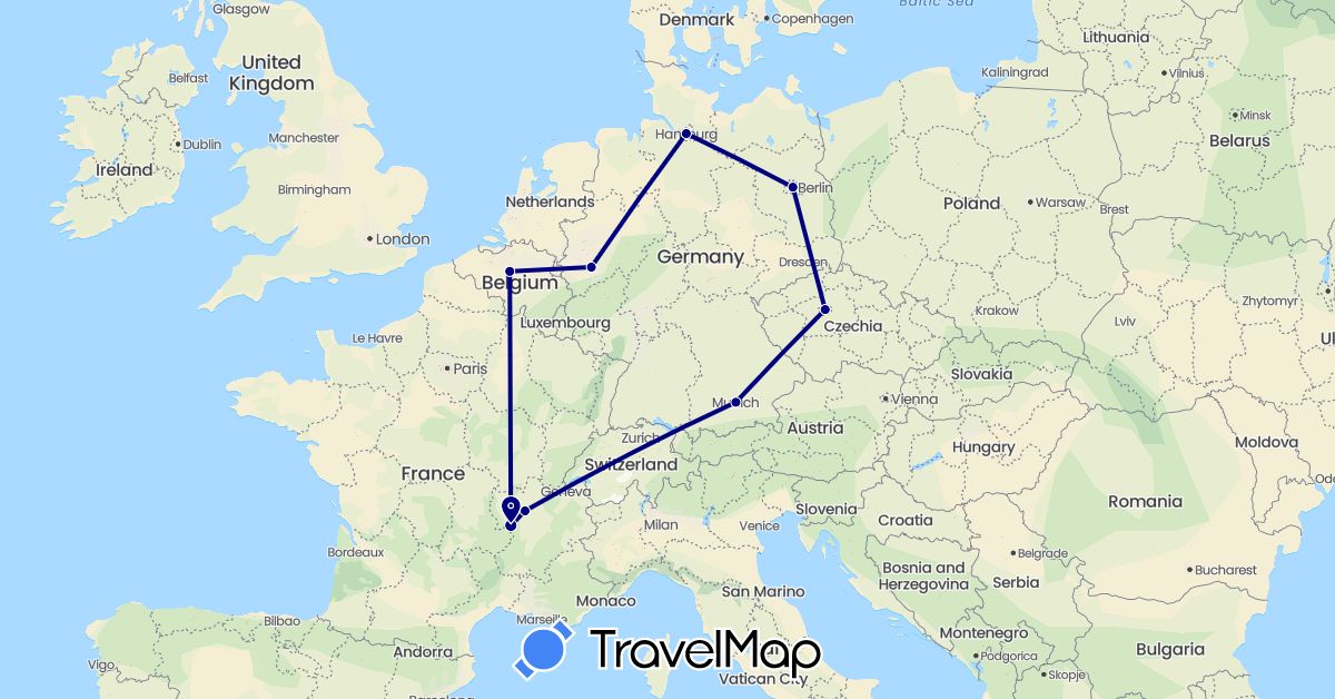 TravelMap itinerary: driving in Belgium, Czech Republic, Germany, France (Europe)